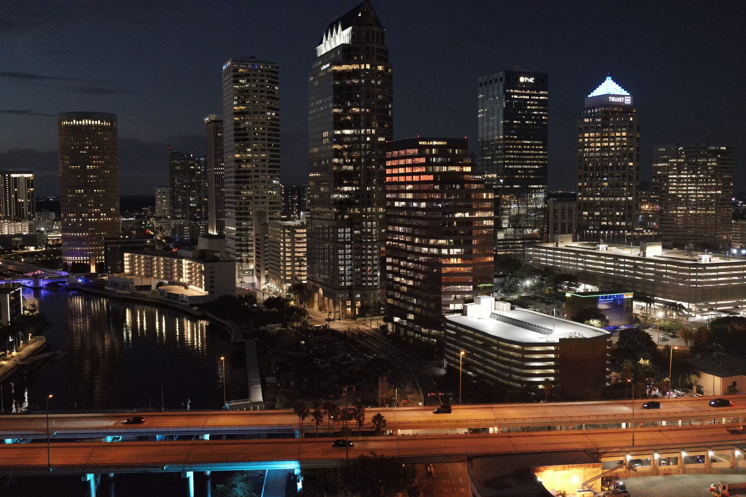 Aerial drone photo of a Florida city skyline at night